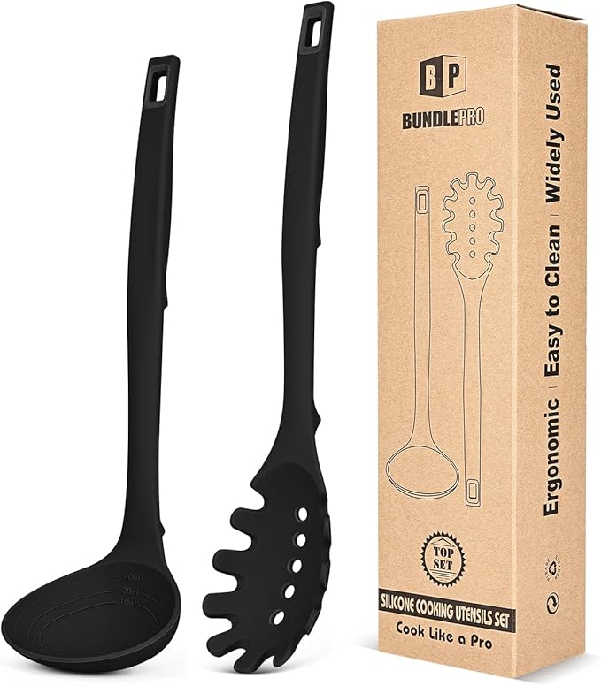 Silicone Pasta Fork and Soup Ladle Set, Heat Resistant Non Stick Kitchen by BUNDLEPRO