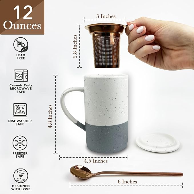 Mora Ceramics Tea Cup with Loose Leaf Infuser, Spoon and Lid, 12 oz, Microwave - Image 2
