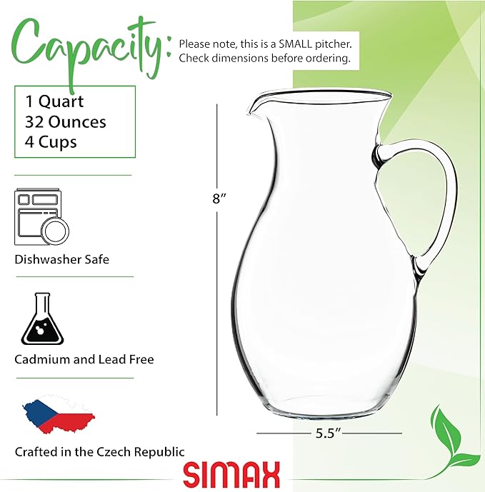 Simax Glass Pitcher With Spout, SMALL 1 Quart Borosilicate Glass Pitchers With - Image 2