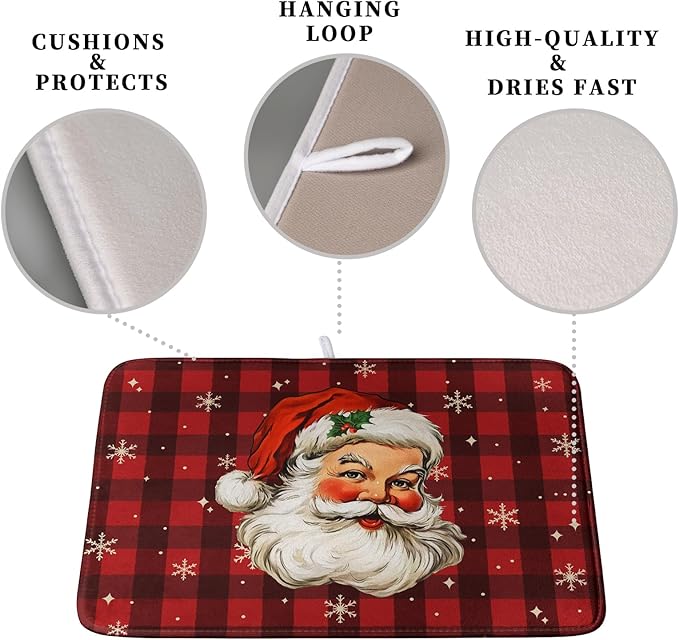 Santa Claus Christmas Dish Drying Mat Xmas Red and Black Buffalo Plaid - Image 3