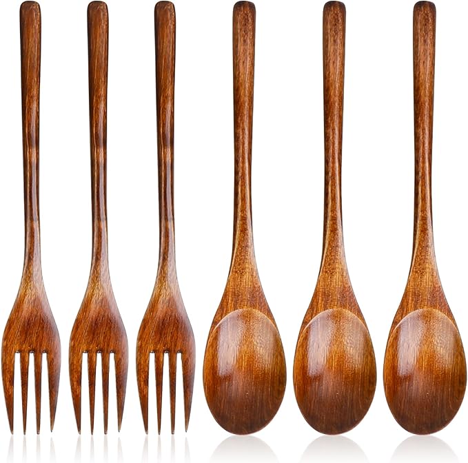 6 Pcs Wooden Forks and Spoons Reusable Wooden Spoons Forks Set Eating Utensil by Unknown
