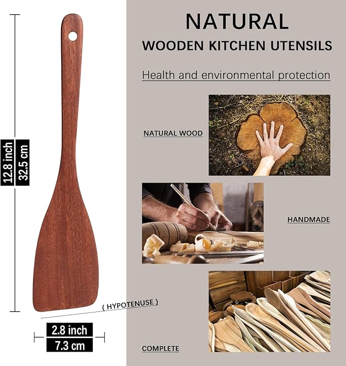 2PCS Wooden Spatulas for Cooking, 12.8inch Coated Mahogany Turners for Frying - Image 2