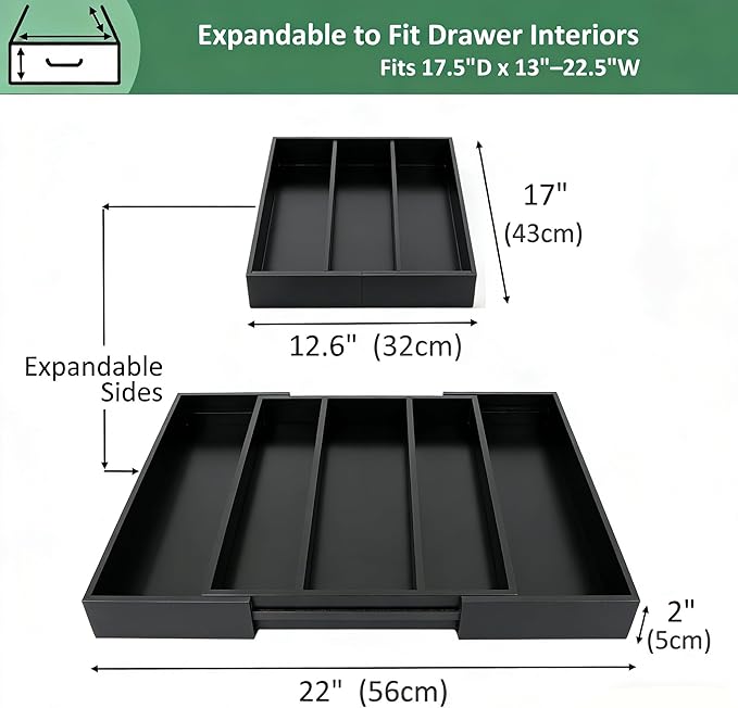 Utoplike Bamboo Drawer Organizer Kitchen Utensils, Adjustable Black Silverware - Image 3