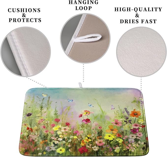 Spring Floral Dish Drying Mat for Kitchen Counter 18x24 Inch Sage Green Wild - Image 3