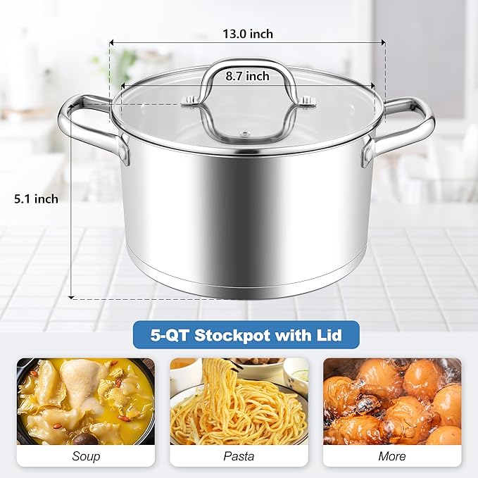 Homikit 5 Quart Stock Pot, Stainless Steel Soup Cooking Pot - Image 2