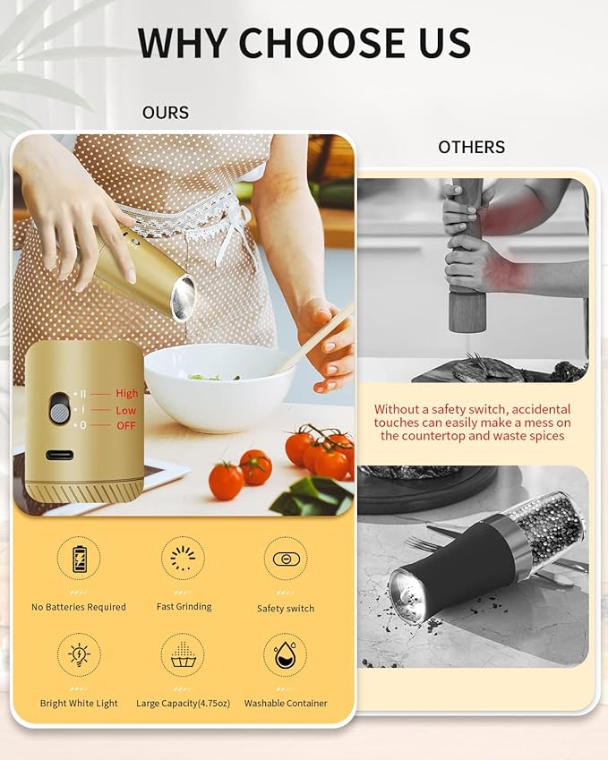 CIRCLE JOY 2-Speed Gravity Electric Pepper Grinder, Rechargeable Salt Grinder - Image 2