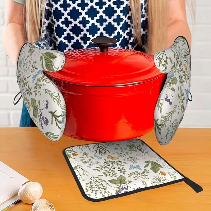 Vintage Floral Oven Mitts and Pot Holders Sets of 3 Cute Botanic Hot Pads Herbs - Image 7