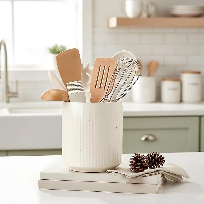 JIEMEI HOME Kitchen Utensil Holder, 7.2" Large Ceramic Stable Utensil Crock - Image 6
