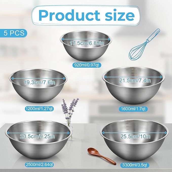 5 Pack Stainless Steel Mixing Bowls - Image 2