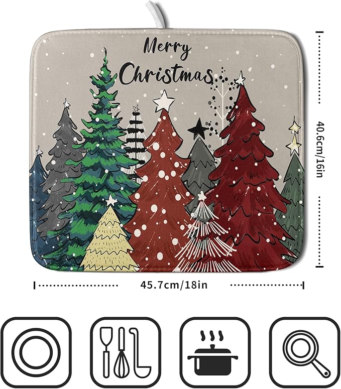 Christmas Trees Dish Drying Mat Winter Holiday Kitchen Dishes Pad 16x18 Inch - Image 2
