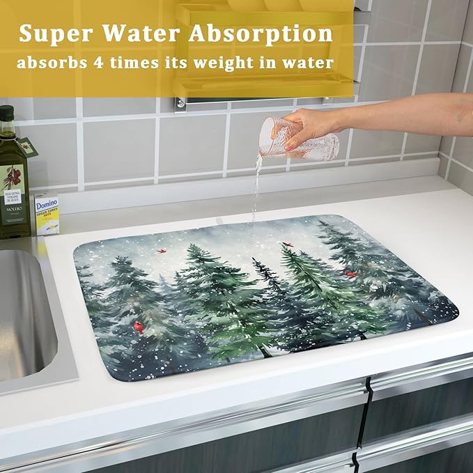 Winter Dish Drying Mat for Kitchen Counter Winter Pine Tree Dish Drying Mat - Image 7