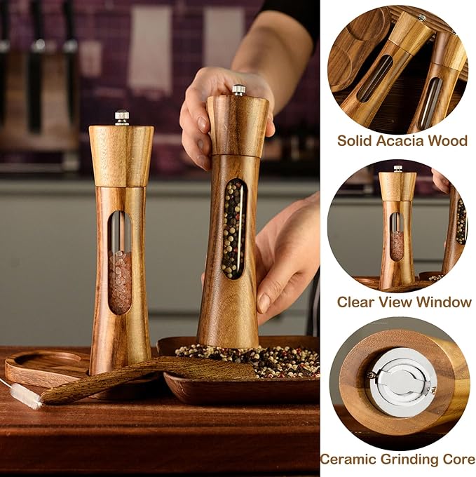 2 Pack Wooden Salt and Pepper Grinder Set — 8 Inch Refillable Salt and Pepper - Image 4