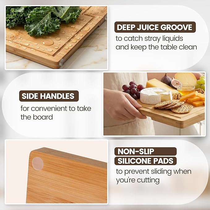 Kikcoin Bamboo Cutting Boards for Kitchen Set of 3, Extra Large Wood Cutting - Image 4