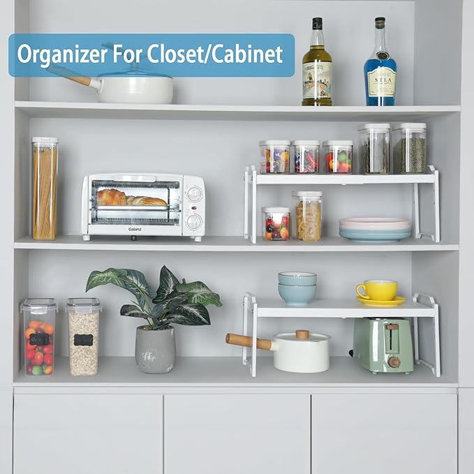 Set of 2 Expandable Kitchen Cabinet Shelves Organizers, Stackable Adjustable - Image 6