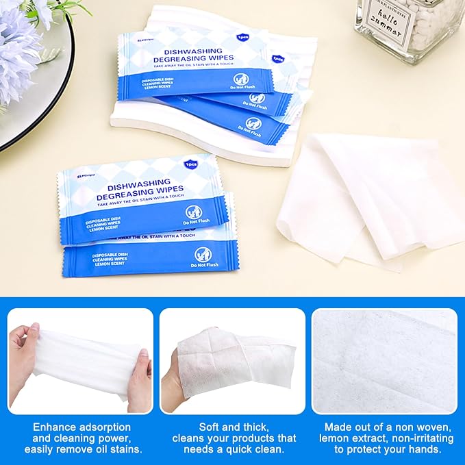 50 Pcs Dish Cleaning Wipes Individually Wrapped Travel Dish Soap Wipes,Portable Cleaning Wipes Disposable Wipes for Kitchen Outdoor Traveling Camping Quick Clean,Lemon Scent