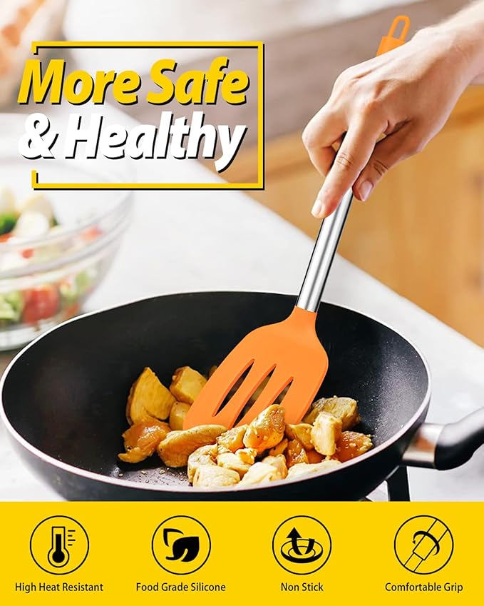 Pack of 2 Silicone Solid Turner, Non Stick Slotted Kitchen Spatulas, High Heat - Image 4