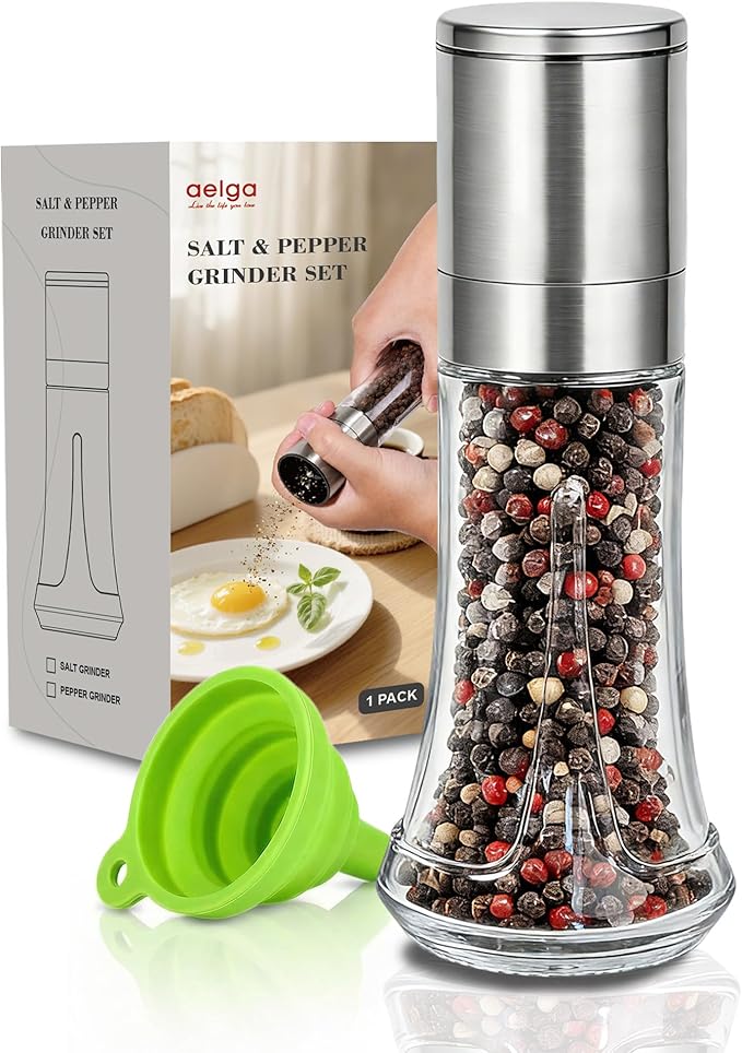Aelga Pepper Grinder with Silicone Funnel - 4oz Glass Manual Mills with by Aelga