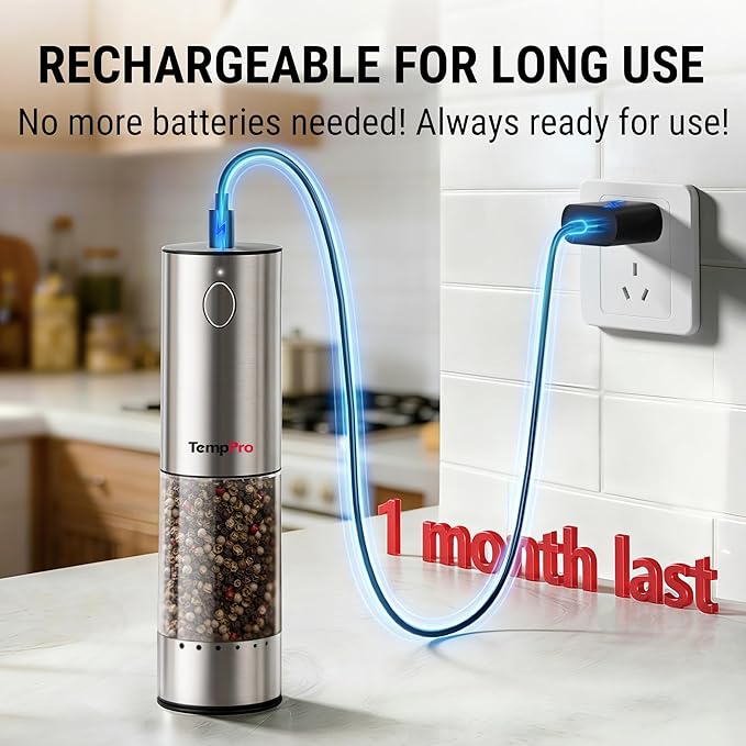 TempPro 100ml Electric Salt and Pepper Grinder Set Rechargeable, Automatic - Image 5