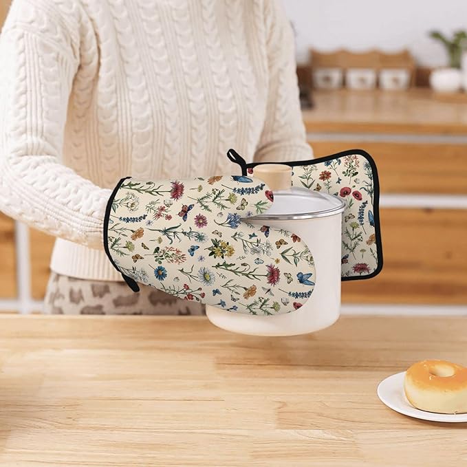 Vintage Floral Oven Mitts and Pot Holders 3Pcs, Retro Floral Silicone Oven - Image 7