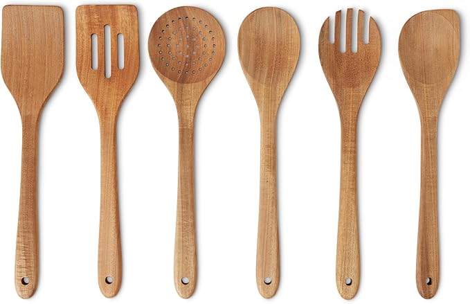 Amazon Basics Wooden Cooking Utensils, 6-Piece Set, Acacia Wood, Pre Oiled by AmazonBasics