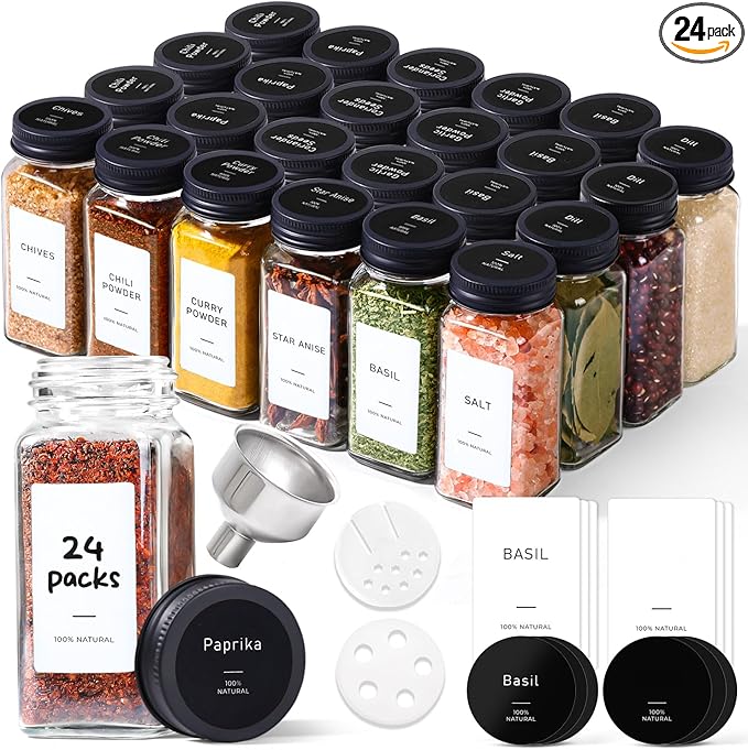 ComSaf Glass Spice Jars with Label, 93 Labels, a Metal Funnel, Extra Shaker Lids by ComSaf