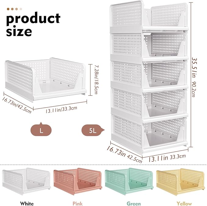 SNSLXH 5 Pack Stackable Closet Storage Basket, Space-Saving Clothes Storage - Image 3