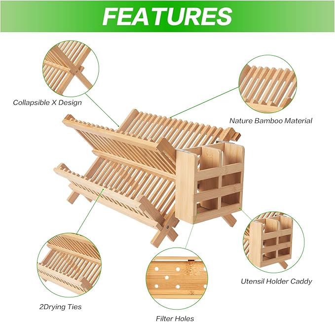 NOVAYEAH Bamboo Dish Drying Rack-2 Tier, Collapsible Small Dish Rack - Image 4