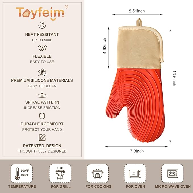Silicone Oven Mitts-13.6 in Extended Oven Mitts Heat Resistant 500F, Oven Gloves - Image 5