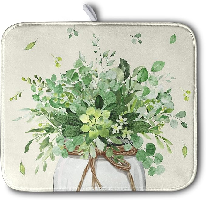 Spring Sage Green Leaves Dish Drying Mat by Kwlegh