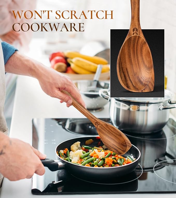 Wooden Spoons for Cooking, Natural Premium Teak Wood Corner Spoon, Good Grip - Image 3