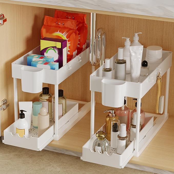 2 Pack Under Sink Organizers and Storage, 2-Tier Sliding Cabinet Organizer - Image 3