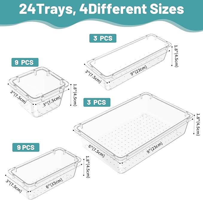 WOWBOX 24 PCS Clear Plastic Drawer Organizer Set, 4 Sizes Desk Drawer - Image 3
