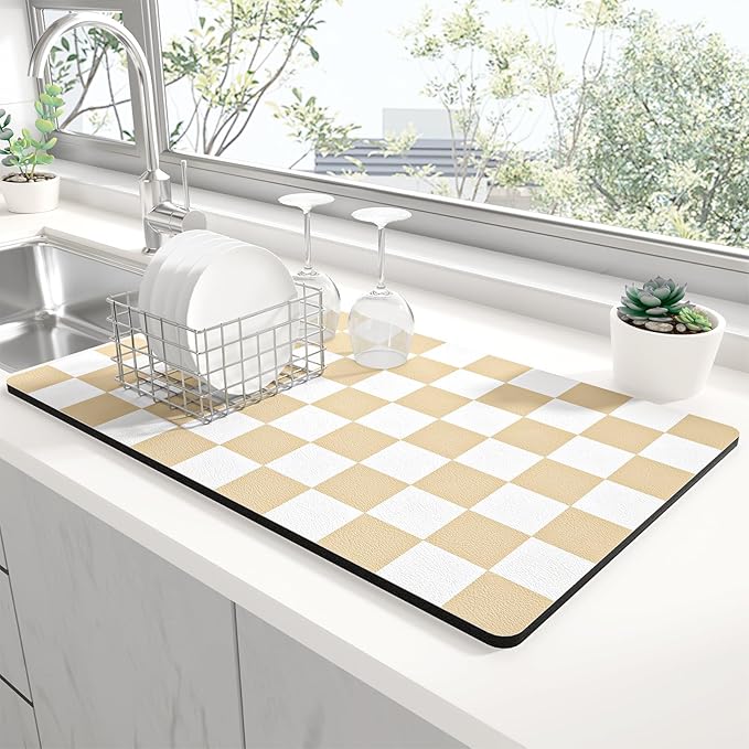 Rnivvi Dish Drying Mat for Kitchen Counter, 12 x 19" Cute Checkered Absorbent by Rnivvi