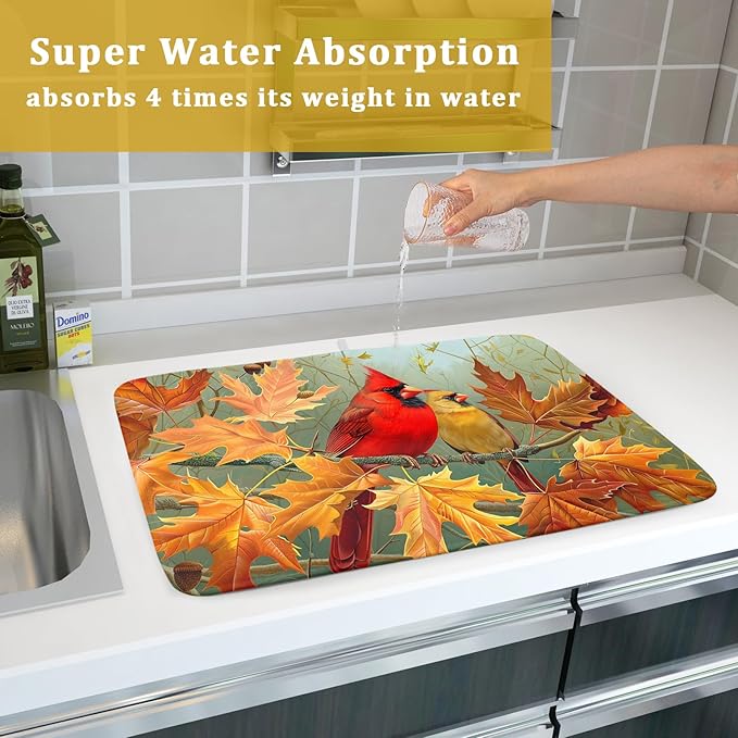 Giwawa Fall Birds Dish Drying Mat 18x24 Inch Autumn Maple Leaf Tree Dish - Image 7