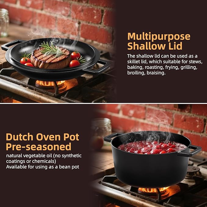 2-in-1 Pre-Seasoned Cast Iron Double Dutch Oven Pot - Image 6