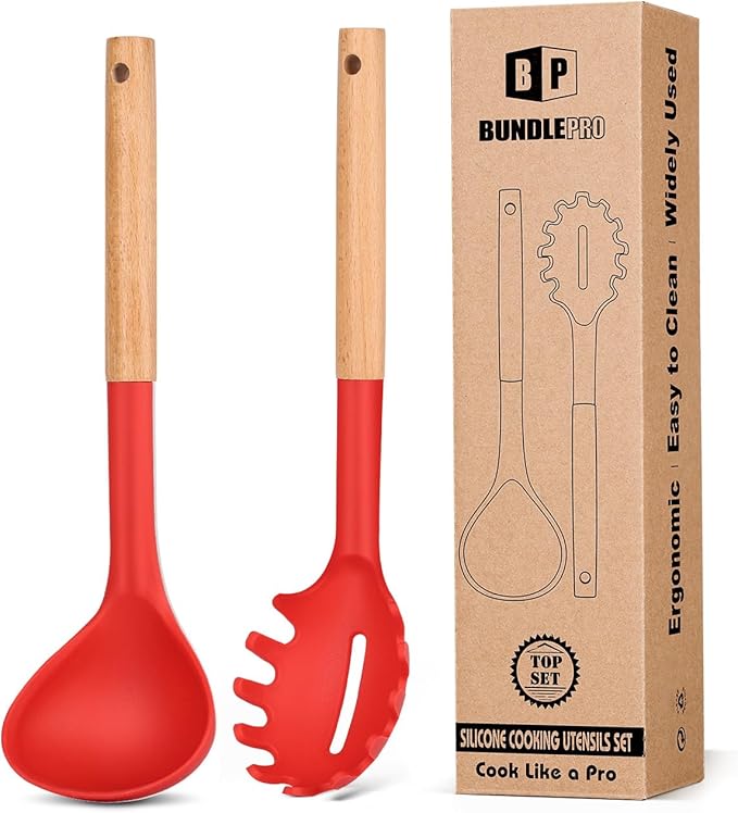 Silicone Pasta Fork and Ladle Spoon Set by BUNDLEPRO
