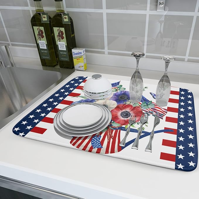 Patriotic American Flag Dish Drying Mat 18x24 Inch Spring Summer Flower 4th of - Image 6