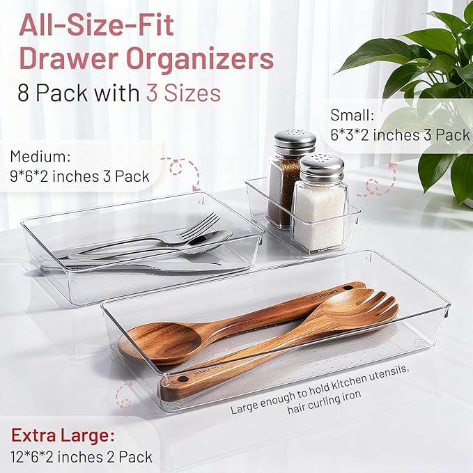 8 Pack Large Clear Plastic Drawer Organizer Bins - Image 2