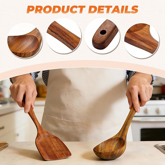 2Pcs Wooden Ladle and Spatula, Natural Acacia Long Handle, Large Capacity - Image 4