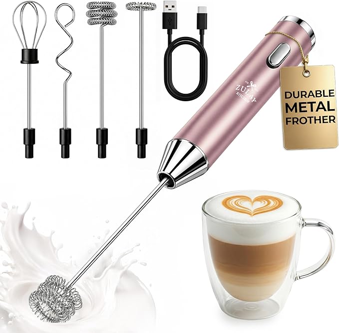 Zulay Kitchen Metal Rechargeable Milk Frother, 3 Whisk Attachments Handheld by ZulayKitchen