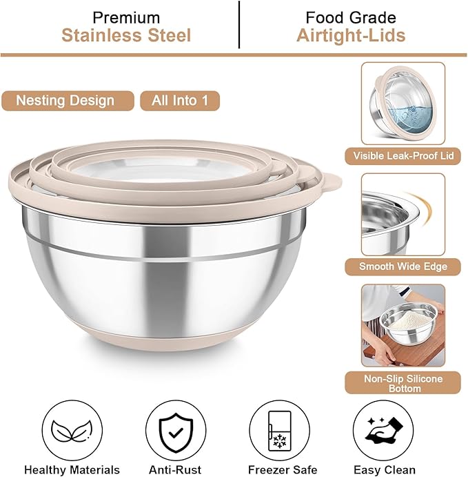 TeamFar Mixing Bowls with Colander Set, Stainless Steel Strainer and Nesting - Image 5