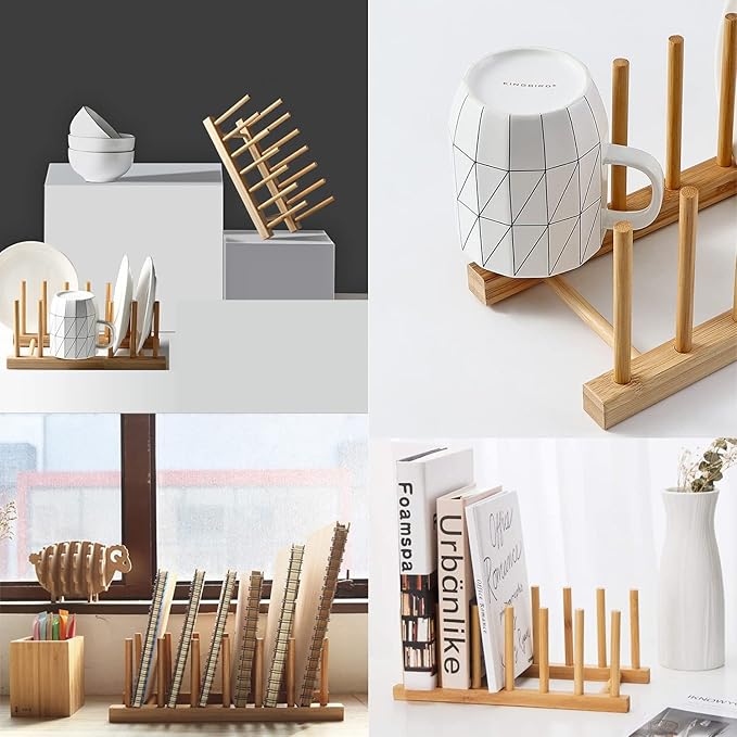 INNERNEED Bamboo Wooden Dish Rack, Vertical Plate & Lid Organizer - Image 3