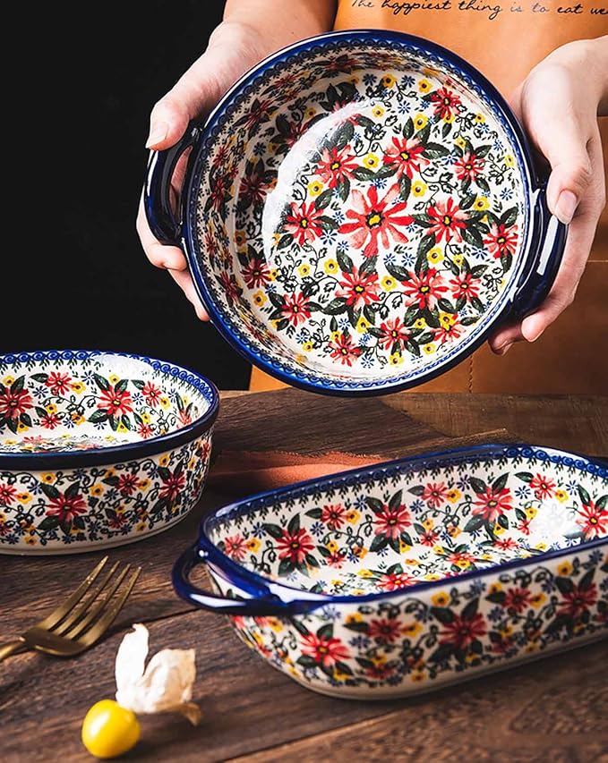 Red Daisy Flower Vintage Style Ceramic Bakeware Casserole Dish Baking Pan - Image 5