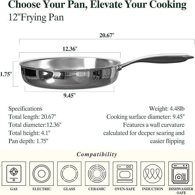 Umite Chef 12 inch 5 Ply Stainless Steel Frying Pan Non-Toxic PFOA&PTFE Free - Image 2