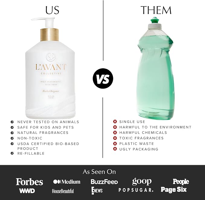 L'AVANT Natural Dish Soap, Plant-Based Grease Cutter, 16 Fl Oz Bergamot | Plant-based grease cutting, non-toxic formula, refillable glass pump bottle, gentle on hands, kid and pet safe, cruelty-free