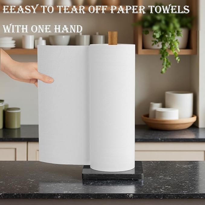 Buruis Wood Paper Towel Holder, Marble Base Modern Decorative Countertop - Image 3