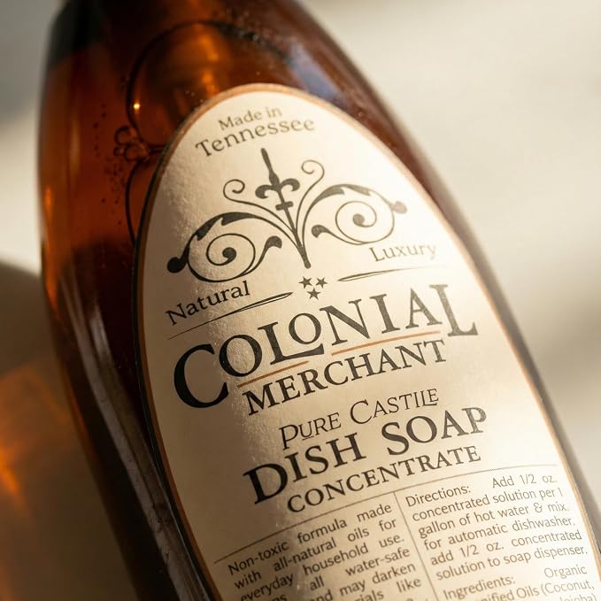 Colonial Merchant Pure Castile Dish Soap Concentrate, Fragrance‑Free, Plant‑Based & Detergent‑Free, Made with Organic Saponified Oils, Gentle Family‑Safe Dish Soap, Made in USA