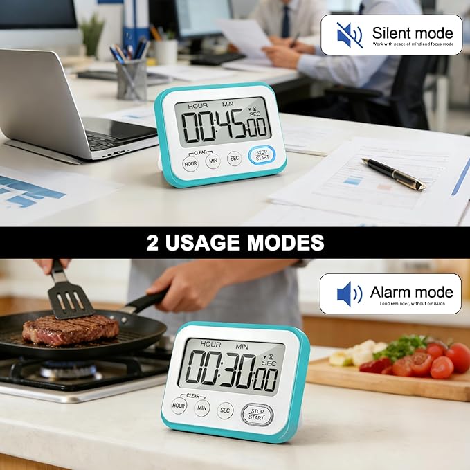 Digital Kitchen Timer Magnetic Loud Alarm, Large LCD Screen Silent/Beeping - Image 5