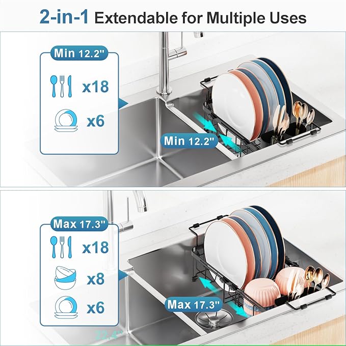 iSPECLE Small Sink Dish Drying Rack, 9.1" W Expandable Compact Rust Resistant - Image 3