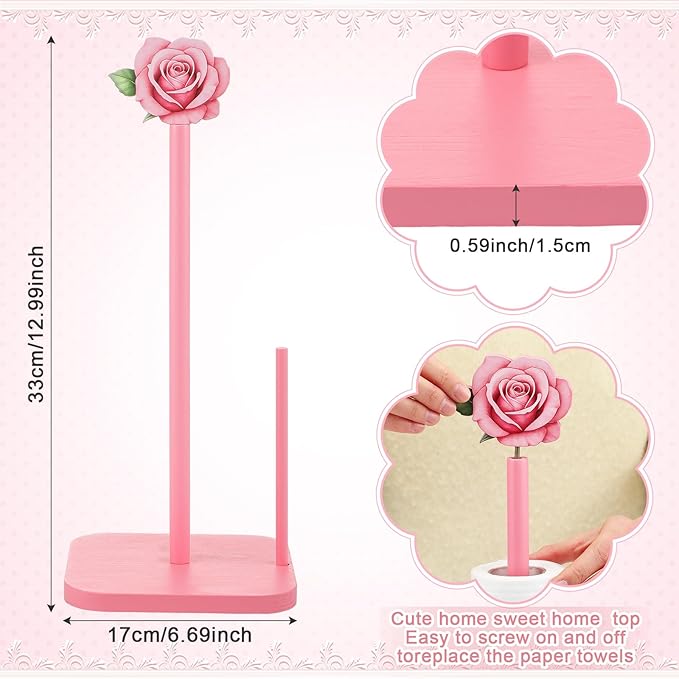 Leinuosen Pink Rose Paper Towel Holder Coquettish Cute Rose Wooden Paper Towel - Image 2